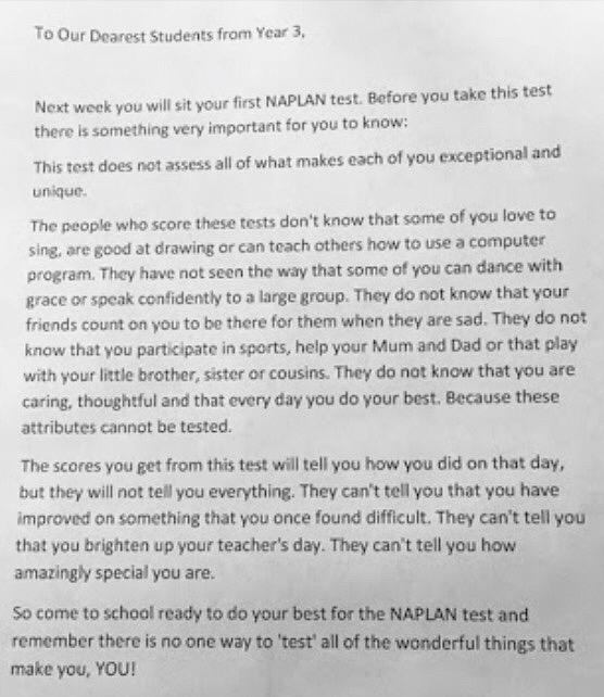 TashMale's tweet photo. Kudos to the teachers who gave this letter to their students for the upcoming NAPLAN tests. #ACU_edu452 http://t.co/6N6N1sNoAn
