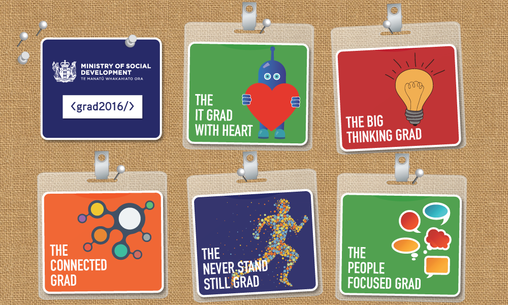 IT grads! One of NZ’s largest IT groups is hiring. Which badge will u choose? See: bit.ly/MSDgrad2016  <a href="/msdgovtnz/">Ministry of Social Development NZ</a>