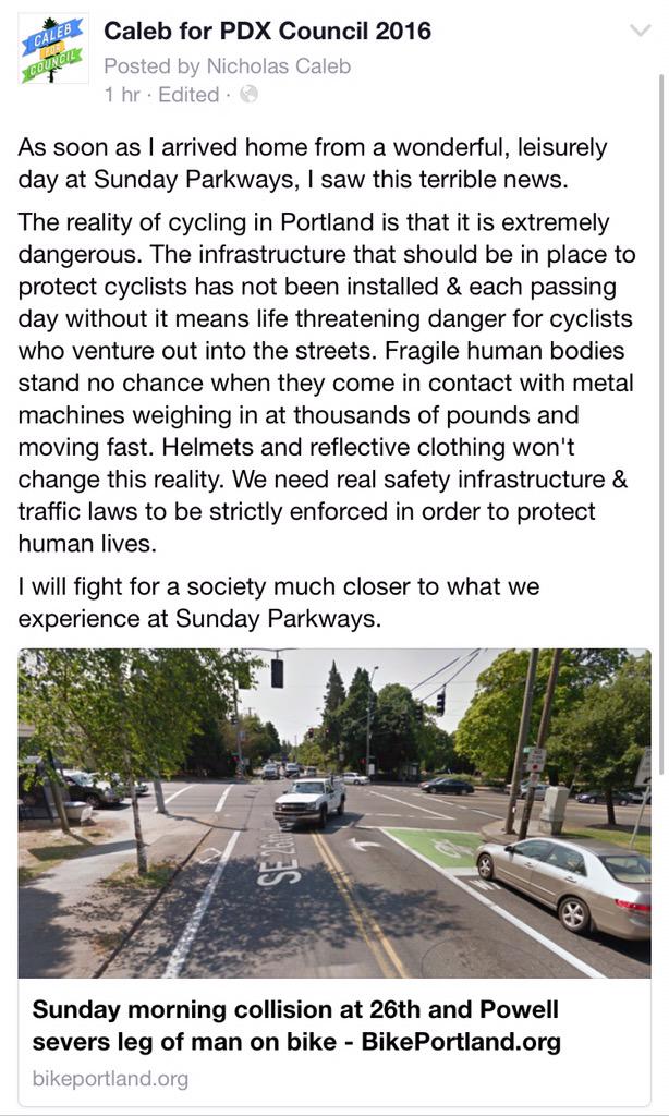 CalebforCouncil's tweet photo. Today's horrible news calls for us to do more to protect cyclists from harm in our city. #PDX http://t.co/K2431kzpBQ http://t.co/tPYOYf0diG