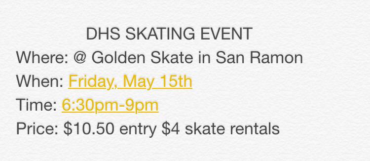LetsGoGaels's tweet photo. No Friday plans? Then go to Golden Skate on May 15th and skate with all your friends!! ❤️💙 (DHS discounted prices⬇️) http://t.co/vsVEsbj5SR