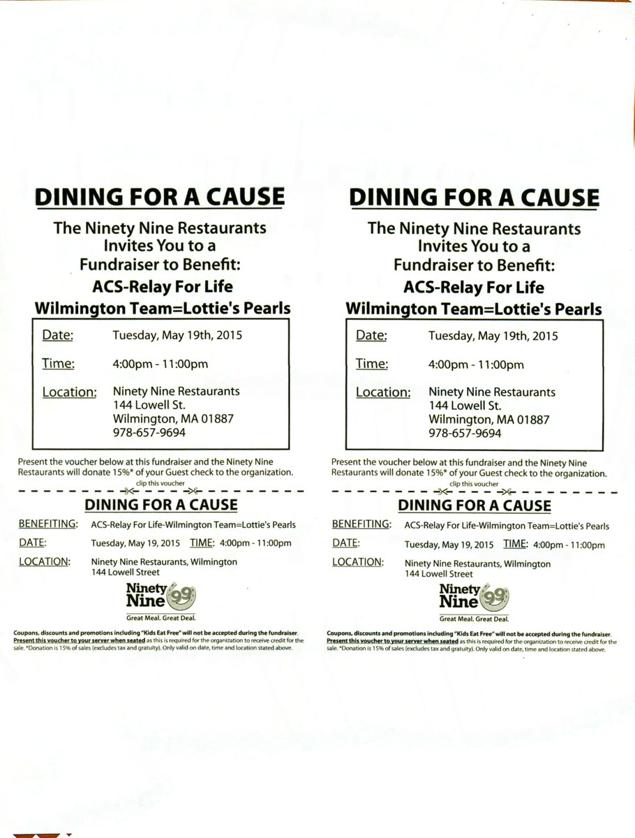LottiesPearls's tweet photo. Join us at the 99 Restaurant-Wilmington, MA -May 19th;fundraiser for Relay for Life! inhouse meals &amp; takeout w/ flyer http://t.co/ZziUv6yuVi