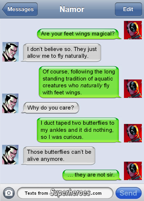 Snugglebug's tweet photo. The #Laughter could not be helped. Those poor butterflies!
#Deadpool #Namor #Marvel #comics http://t.co/IYfNNEoLvw
