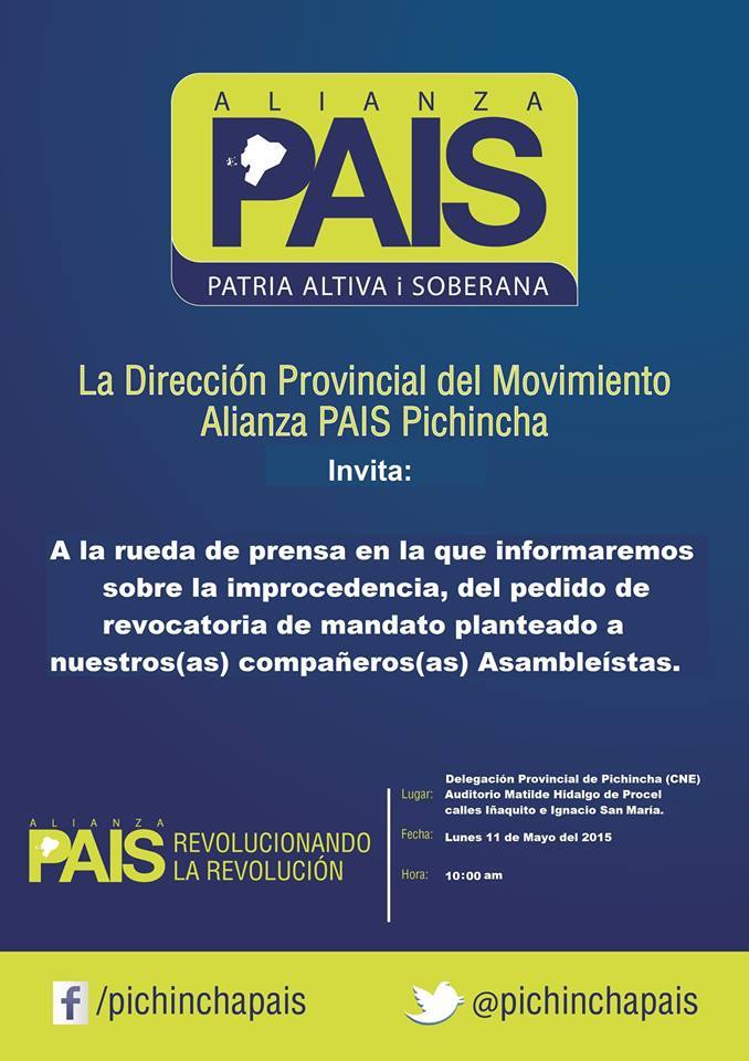 PichinchaPAIS's tweet photo. La Dirección Provincial de #Pichincha AP @35PAIS invita a la Rueda de Prensa hoy 11 de mayo a las 10H00 @35PAIS http://t.co/xftxCi9wNw