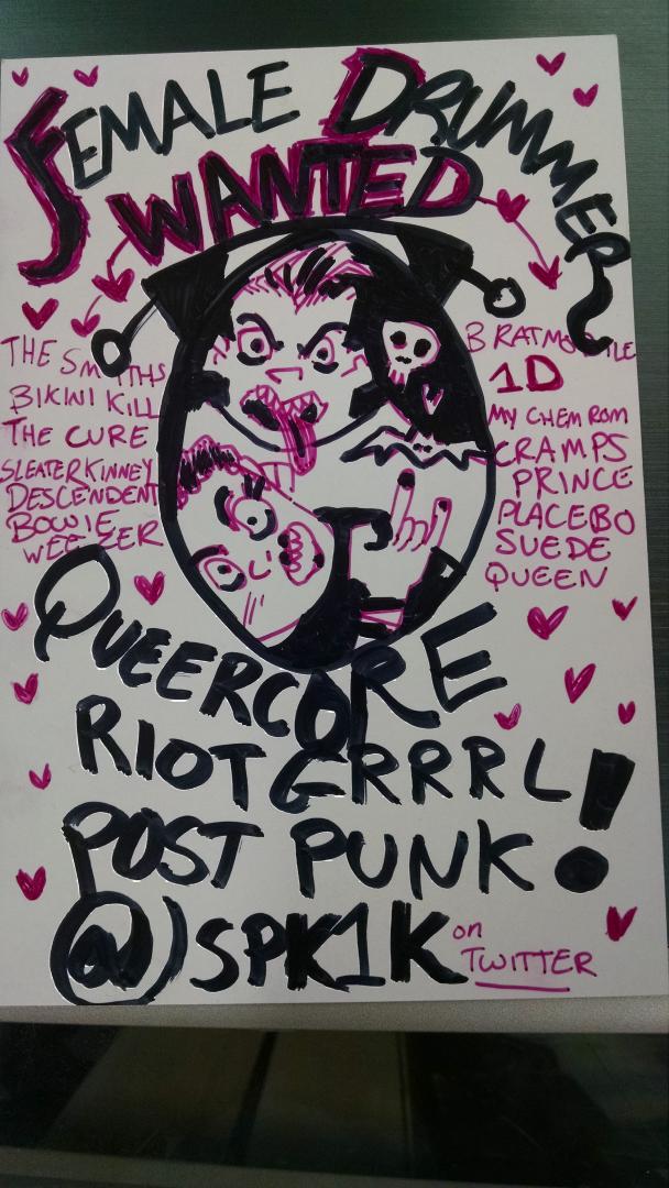 MeltdownComics's tweet photo. #MeltdownPSA. Female drummer wanted. Spread the word. Contact: @SPK1k. #niceflyer http://t.co/JGuKlVUJzj