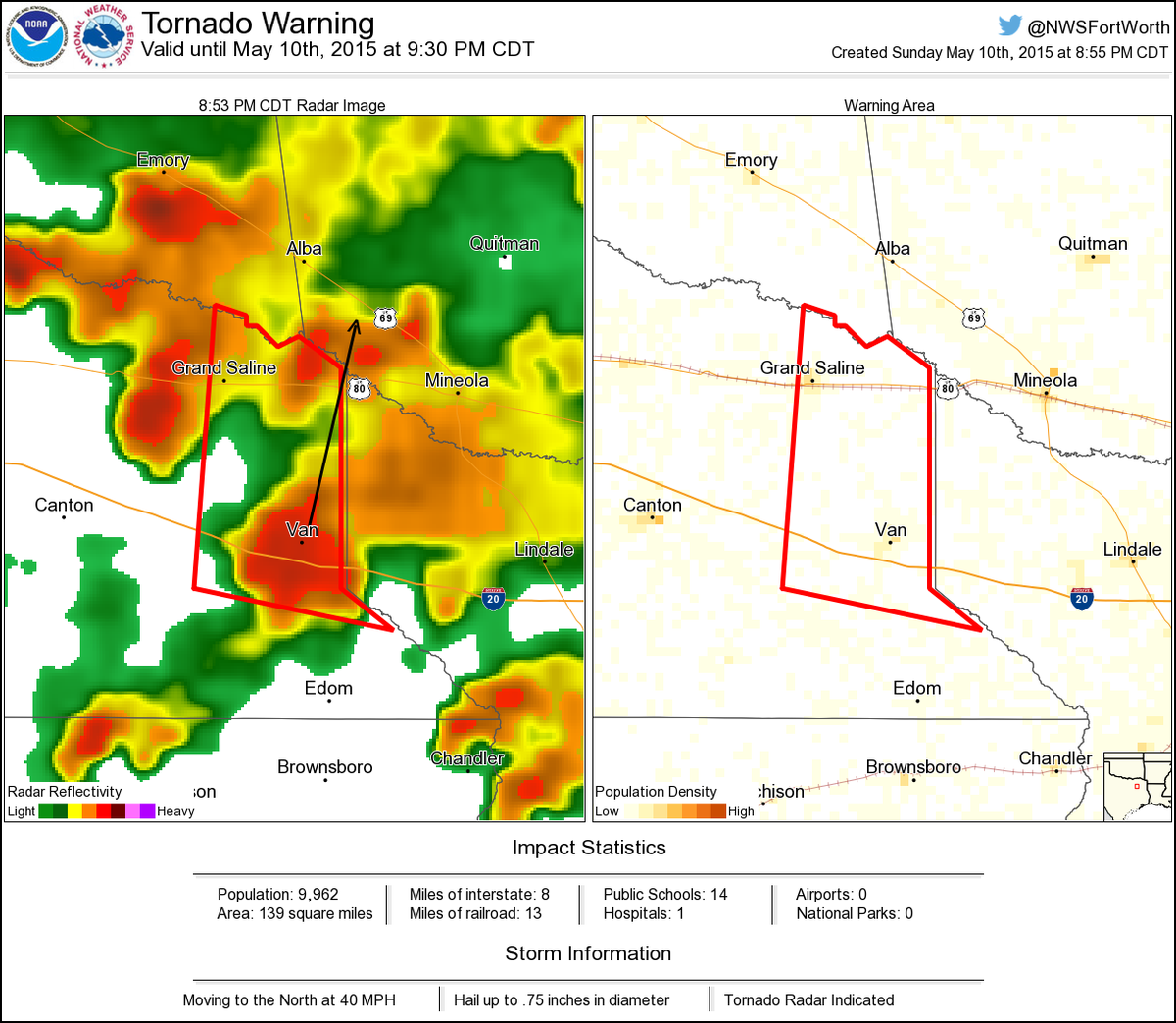 Tornado Warning including Grand Saline TX, Van TX until 930 PM CDT