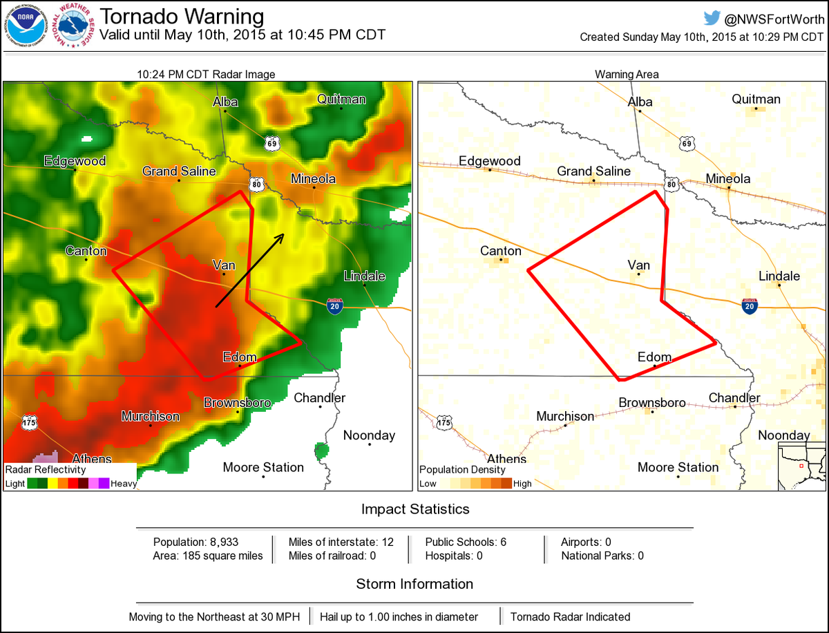 Tornado Warning including Van TX, Edom TX until 1045 PM CDT NWS