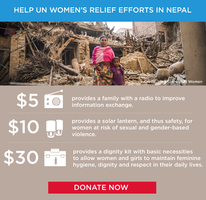 UN's tweet photo. .@UN_Women needs $1.5m to reach 40K women whose protection is at risk after #NepalQuake. http://t.co/9InbEsCPhC http://t.co/htlTd928ck