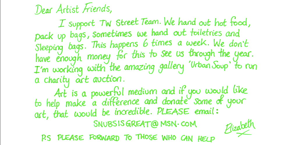 Our friend @Querstret is organising an art auction at <a href="/urbansoupart/">urbansoup</a> this September. Can you help?