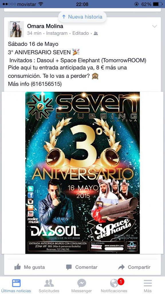Omara016's tweet photo. Sabado 16 de mayo
🎉3° ANIVERSARIO SEVEN🎉
DASOUL+SPACE ELEPHANT
Pide ya tu entrada anticipada por 8€ +copa
(616156515) http://t.co/AOrkYJzkOY