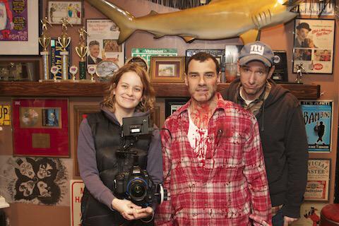 Here's DP Meg, director <a href="/guylarious/">Guy Patton</a> and "even-handsome-while-bloody" <a href="/GioMarchActor/">Gio March</a> on set while filming #PearlMovie