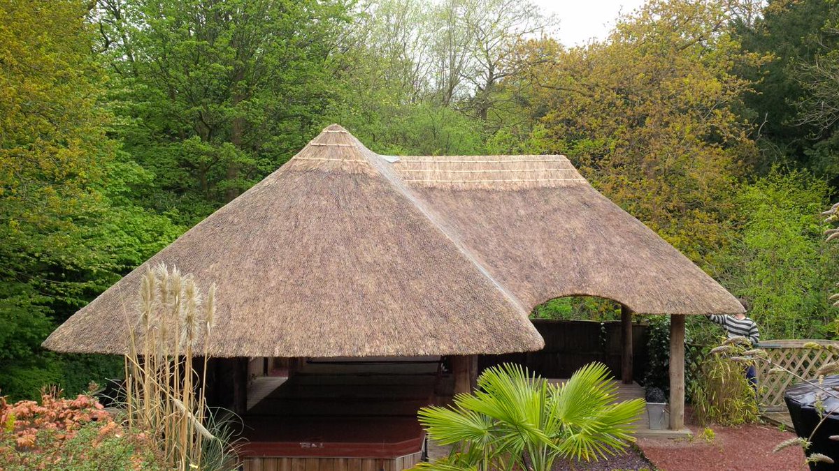 masterthatcher2's tweet image. #Thatching re-ridge and repair to #Lapa roof covering #HotTub. #ThatchRoof work by Pawel and Kamil.