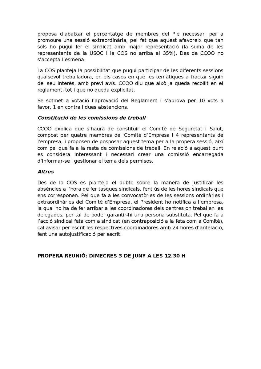 COSLleure's tweet photo. Acta de la reunió arran de la constitució del comitè d'empresa de l'empresa Asistentes Escolares S.L. (Scolarest) http://t.co/Jeo10trTBY