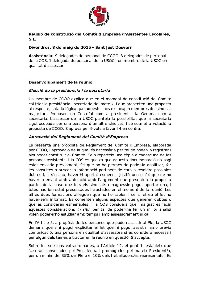 COSLleure's tweet photo. Acta de la reunió arran de la constitució del comitè d'empresa de l'empresa Asistentes Escolares S.L. (Scolarest) http://t.co/Jeo10trTBY