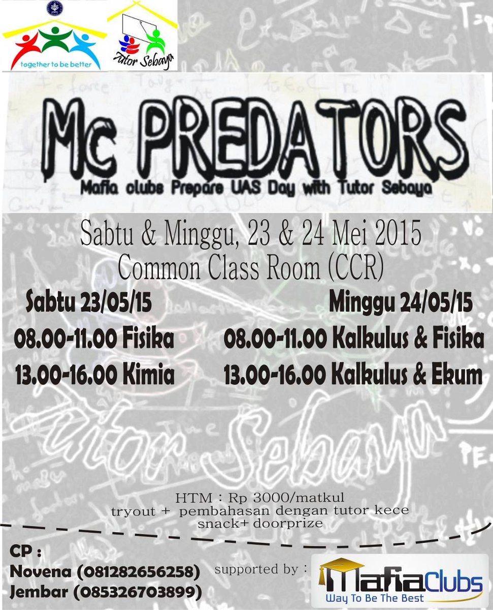 TutorSebaya01's tweet photo. Persiapkan UAS dengan baik !!
Ayoo ikut Mc PREDATORS
@mafia_clubs @TweetAsrama http://t.co/EetumXK89j