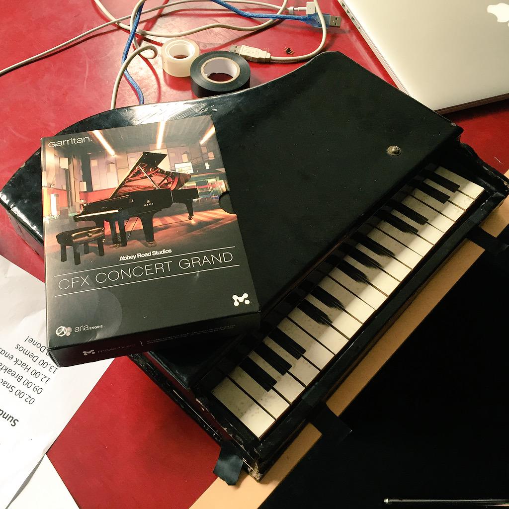 AbbeyRoadREDD's tweet photo. Well played Liam from @ModalElectronic who won a copy of our Concert Grand plugin for his toy piano hack @MIDIHACK http://t.co/WxV1VuVR8y