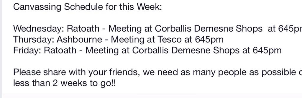 YMeath's tweet photo. Our canvassing schedule for this week...as the 22nd of May less than two weeks away. #MarRef #YesEquality http://t.co/Kdw1FpyLY3