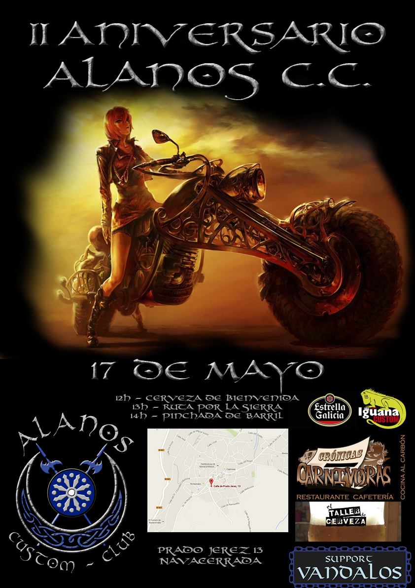 Fiesta de nuestro 2º año como Alanos Custom Club

Habra cerveza, ruta, musica, motos etc.
El mejor ambiente  #gass