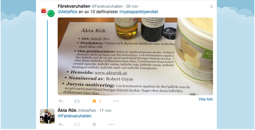 AktaRok's tweet photo. Äkta Rök nominerad i MenigoFärskvaruhallen nyskaparstipendie 2015 http://t.co/zzeVpx2sJS