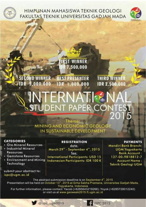 Call for Paper
INTERNATIONAL STUDENT PAPER CONTEST "Mining &amp; Economic Geology in Suistainable Development"<a href="/SegUnhasSC/">Seg Unhas SC</a>