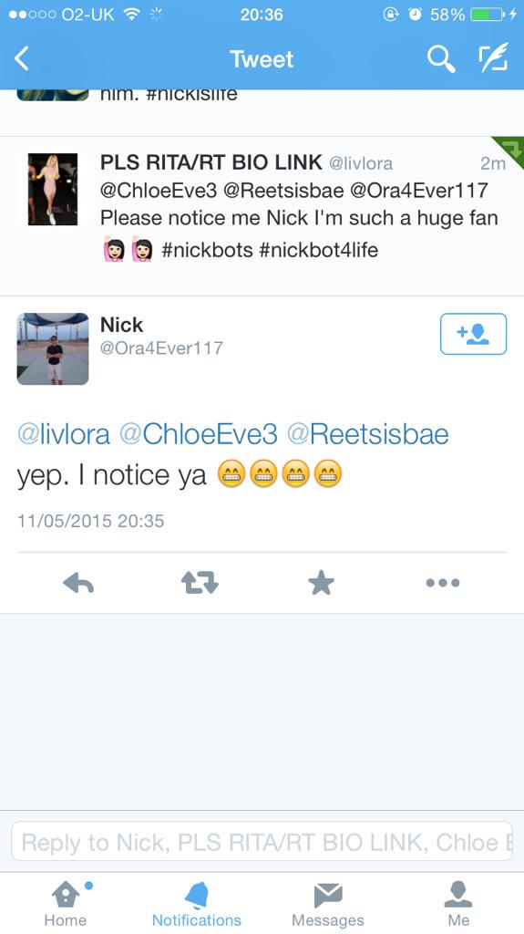 itsshxn_'s tweet photo. HE REPLIED OLIVIA!!!!!! #BLESSSED #NICKBOT @livlora http://t.co/rB7aTC515N
