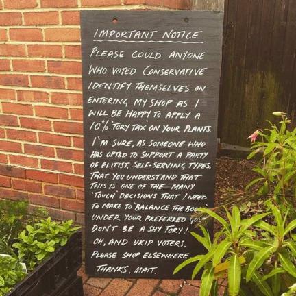 DLWellbelove's tweet photo. Garden centre is charging a '10% Tory Tax' to all Conservative voters http://t.co/00eH0TKjzV http://t.co/UUjpyTjW9w