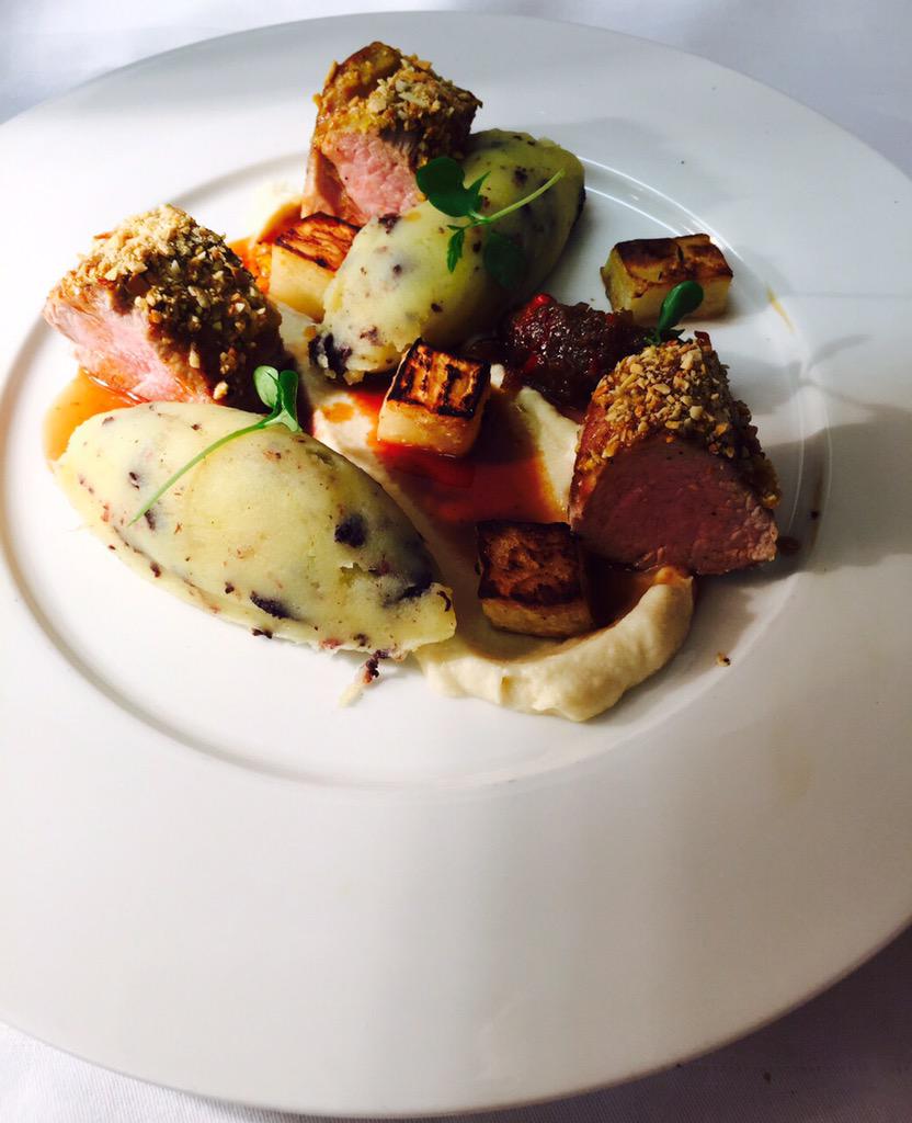 Pork fillet with almond &amp; mustard crust, celeriac fondant, fig and chilli compote, black pudding mash.