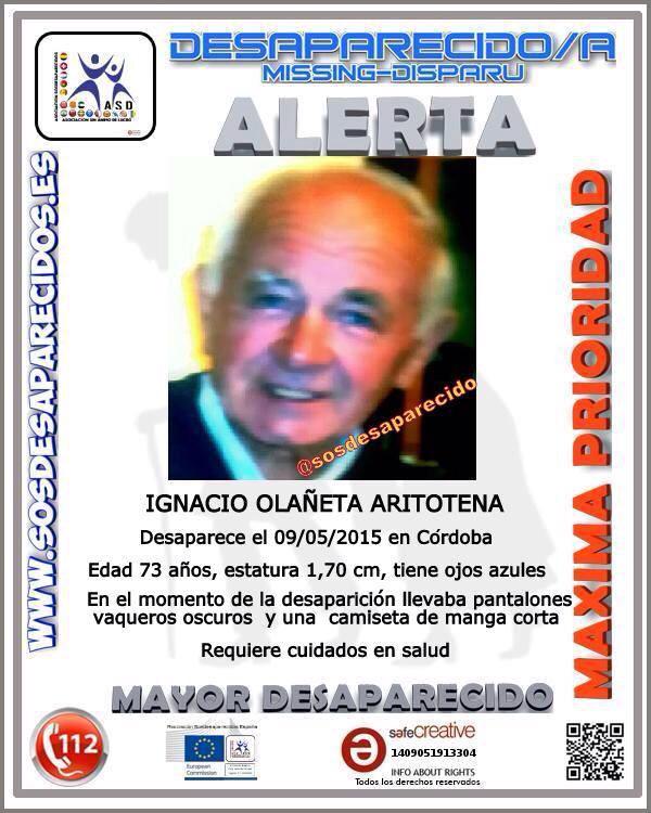 VOSTandalucia's tweet photo. Por favor RT 
Mayor 73 años #Desaparecido en #Córdoba el pasado sábado. Requiere cuidados en salud. @sosdesaparecido http://t.co/sTvvbFcZgf