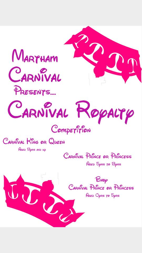 carnivalmartham's tweet photo. @ClairePunchard See below for ages.

MARTHAM CARNIVAL ROYALTY #COMPETITION 2015
http://t.co/EWcmFRXTye   | #Norfolk http://t.co/JzV80ha2aq
