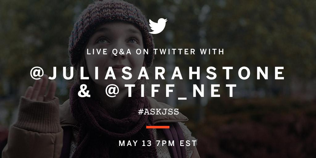 #TIFF14 Rising Star &amp; WET BUM's <a href="/JuliaSarahStone/">Julia Sarah Stone</a> will be taking your questions. Follow &amp; ask your Q's with #AskJSS