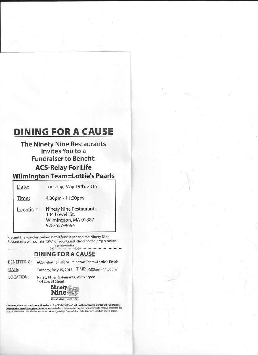 LottiesPearls's tweet photo. Join us! Dinner on May 19th-99 Restaurant, Wilmington,MA -benefit-@wilmingtonRFL Team=@LottiesPearls Raffles too! http://t.co/KeJQsYwgdk