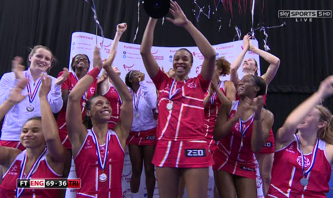 Trophy success for @England_Netball. <a href="/PamelaCookey/">Pamela Cookey</a> lifts the silverware as the players enjoy a 3-0 series win.