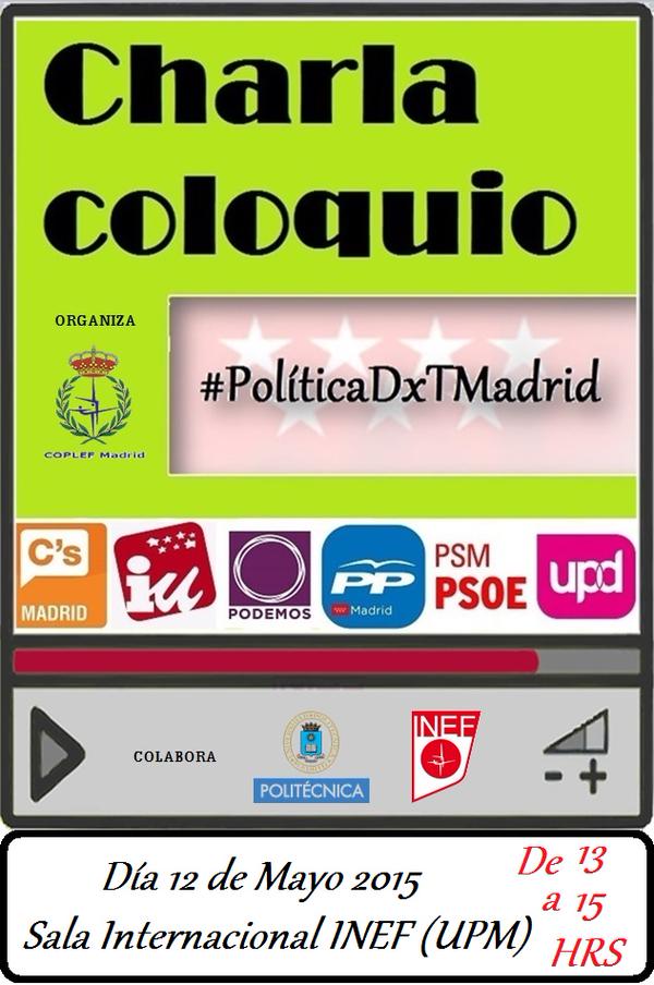 12UEM2015's tweet photo. Mañana 12/5 charla-coloquio sobre política en el ámbito de la AF. Todos los partidos políticos. 13:00 INEF. #UEduca http://t.co/ihty2R9zT4