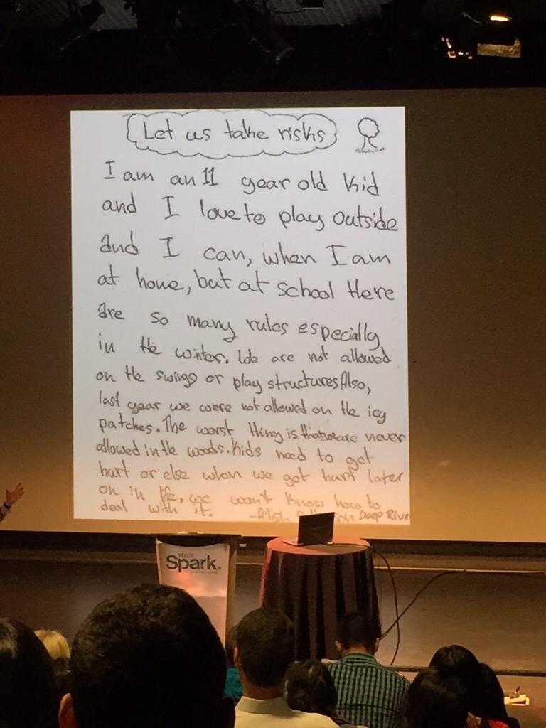 bffl_calgary's tweet photo. Wise words about #risk from an 11 year old! Talking risk and reward with Tim Gill @ Telus spark #nomorebubblewrap http://t.co/u3HGKr3djo