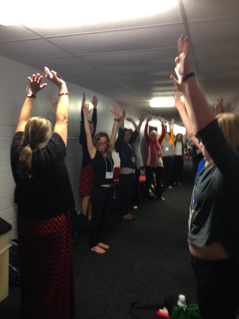 learnteachwin's tweet photo. Impromptu yoga currently happening while we wait out a tornado warning because Midwest lol #DMAC15 http://t.co/wFLriU3J55