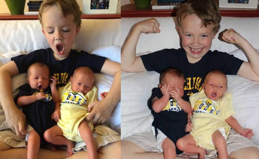 CoachTJWeist's tweet image. James &amp;amp; his new twin sisters Attacking their first day together with an Enthusiasm Unknown to Mankind! GO BLUE!