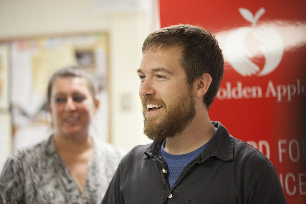 Ravinia Elementary School teacher John Campbell was surprised in his class this morning with a Golden Apple Award!