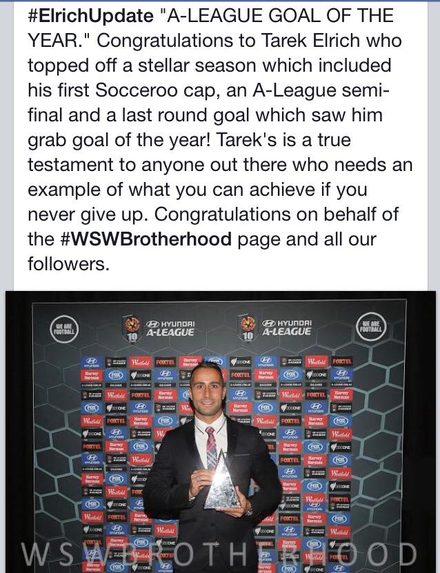 WSWBrotherhood's tweet photo. #ElrichUpdate "A-LEAGUE GOAL OF THE YEAR." @elrich11 @ALeague @AdelaideUnited @wswanderersfc #WSWBrotherhood http://t.co/qxoVjwlLnV