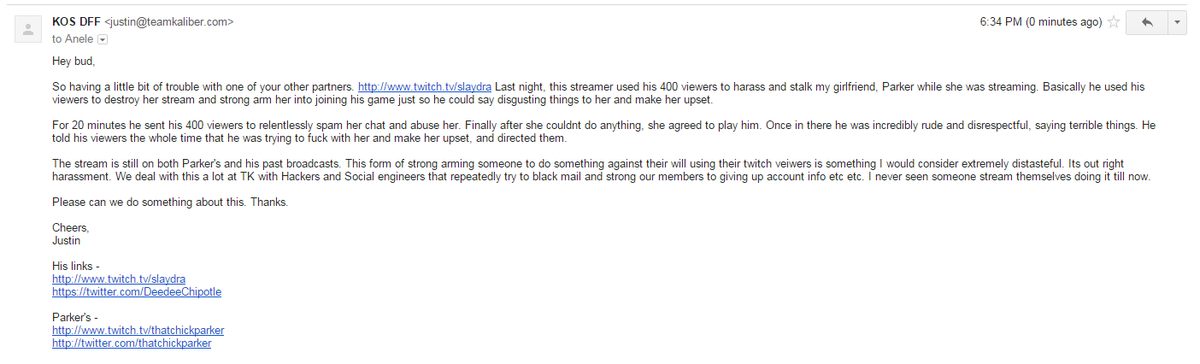 KOSDFF's tweet image. Sent this email to my contact at @Twitch. Help stop @DeedeeChipotle from strong-arming girls with his viewers. RT RT