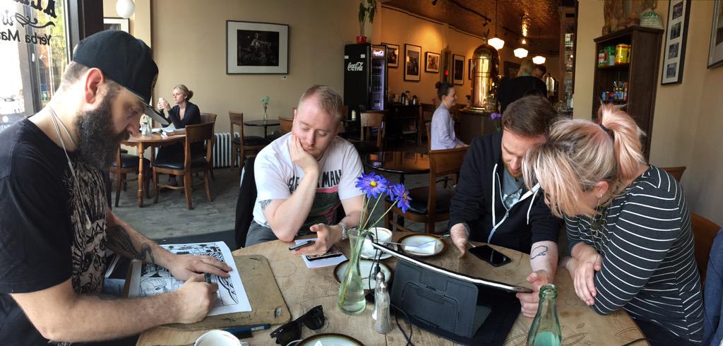 brendenfletcher's tweet photo. Making comics in Toronto with @AndyBelanger @ThoughtBubbleUK @cameronMstewart @babsdraws, post-#TCAF2015 http://t.co/iavAgpe0sj