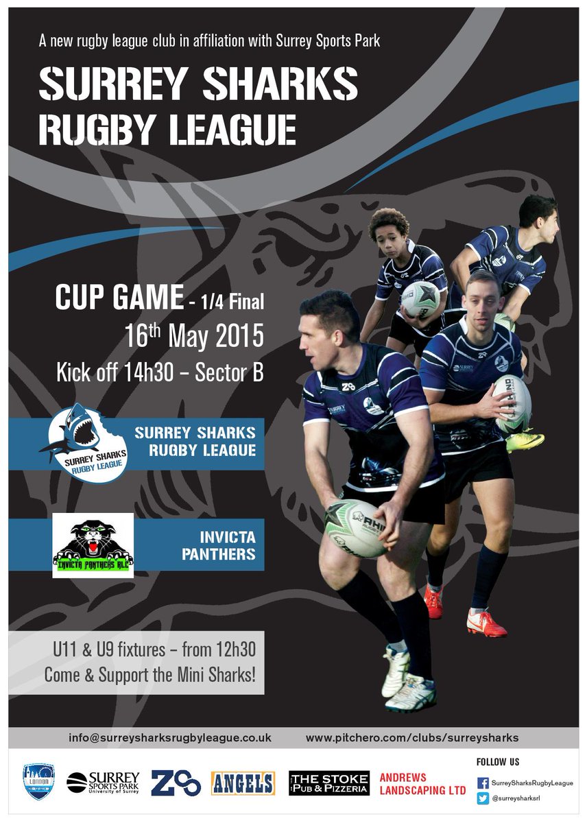 SurreysharksRL's tweet photo. Come &amp; Support the @SurreysharksRL this Sat.16th against @InvictaPanthers for the 1/4 Final Cup @Surreysportpark. http://t.co/rBivFUmeIn