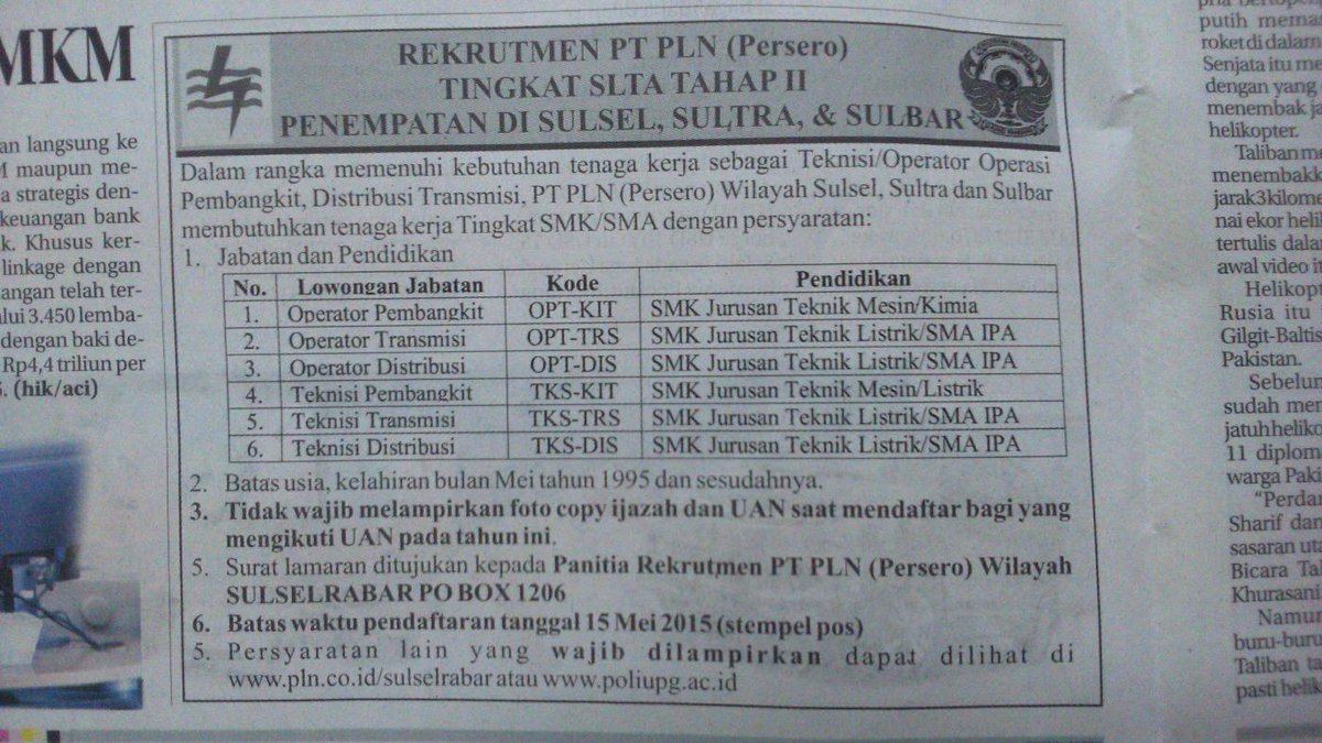 smtimks_pr's tweet photo. [LOWONGAN] Rekrutmen PLN tk SLTA. Terbuka utk jur. KIMIA. info lengkap lihat foto atau buka harian Fajar hal. 06 http://t.co/Z0NJr5Zxdr