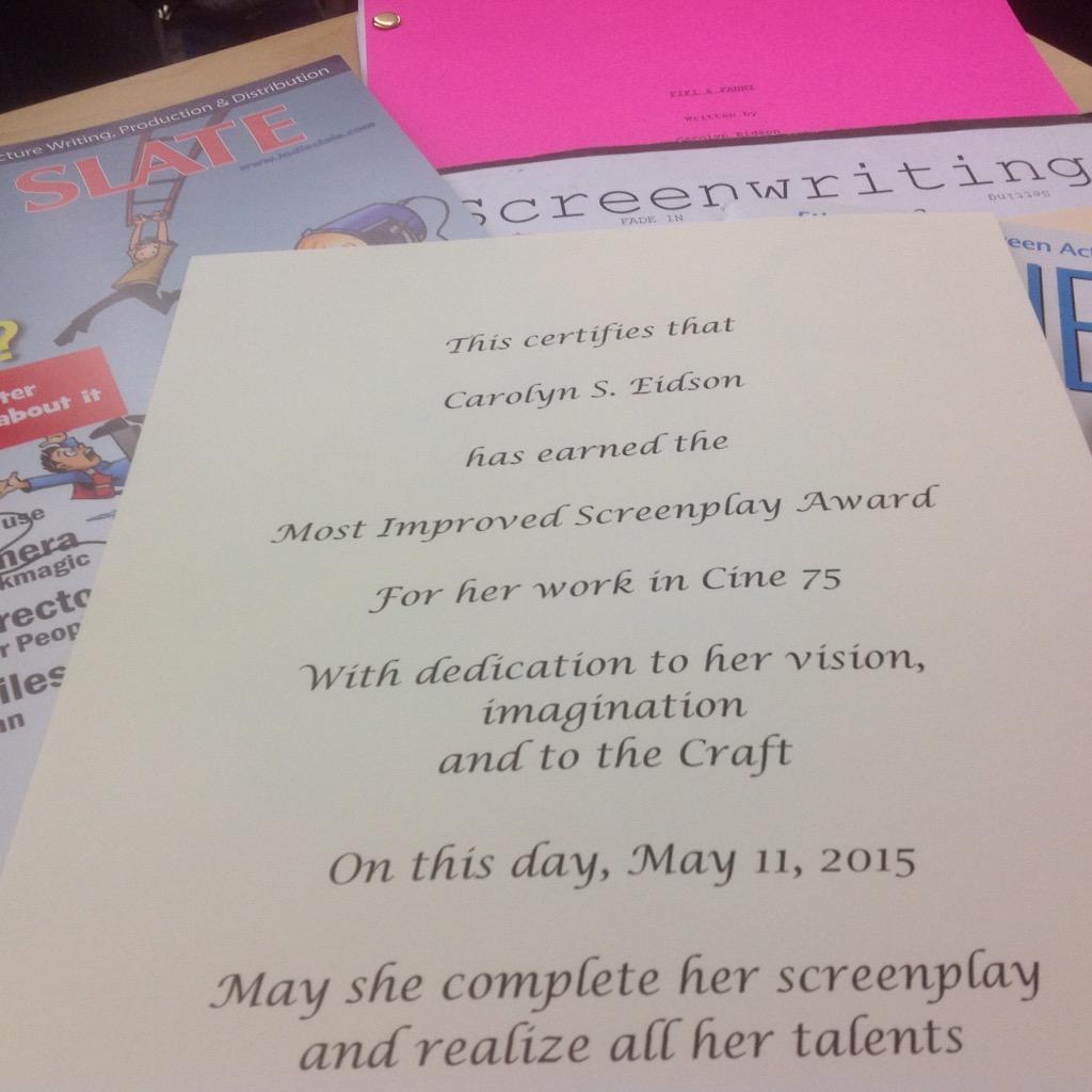 SplashyFilms's tweet image. A lot of hard work on my #screenplay at @ccsfcinema is paying off. I got a screenplay award from @dnicolebostrom
