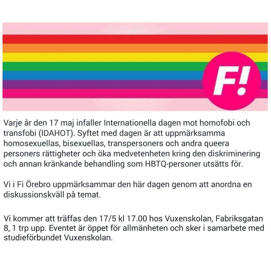 FiOrebro's tweet photo. Diskussionkväll i samband med IDAHOT. Den 17/5, kl 17, hos Vuxenskolan, Fabriksgatan 8. https://t.co/8HntMTwSzA http://t.co/JHsgNeqM68
