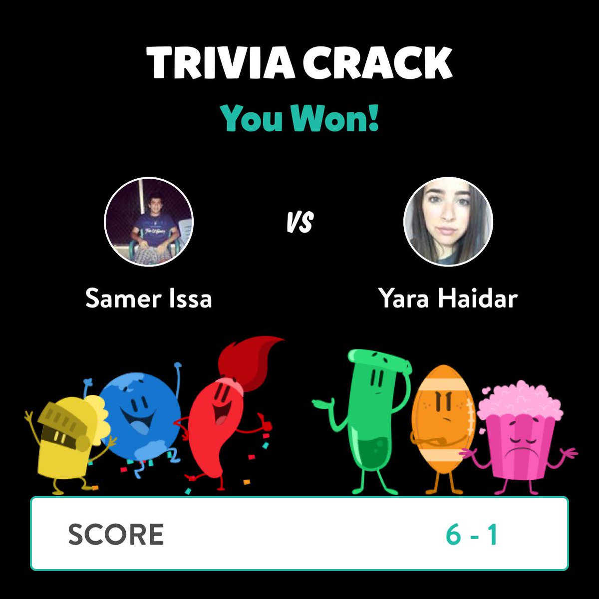 samerissa123's tweet photo. Samer Issa just won a game against Yara Haidar in Trivia Crack! @Yarrraaah6  http://t.co/HFYeXaPoK1 http://t.co/RkN5lkNYWH