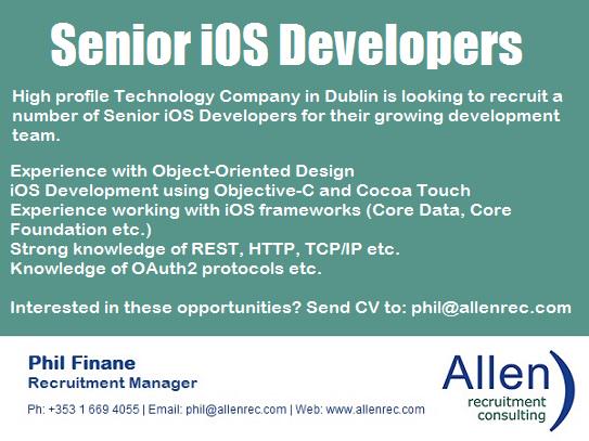 pfinane's tweet image. Senior iOS Developers required in Dublin #iOSdevjobs #JobFairy #CareerRepublic CV&apos;s to: phil@allenrec.com