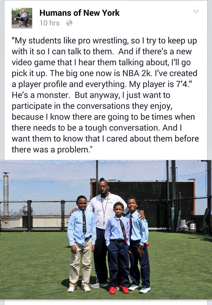 georgiamulock's tweet photo. This is the kind of teacher I want to be. Fostering strong relationships with ss #ACUedu_452 #HumansOfNewYork http://t.co/j41laJYfKA