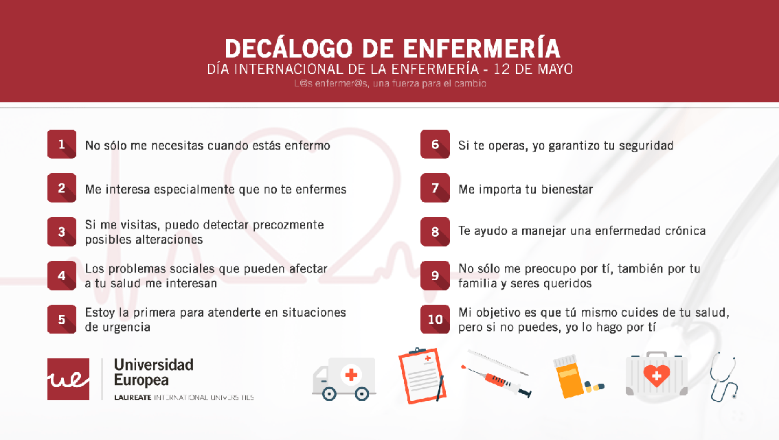 CienciasSaludUE's tweet photo. ¿Sabes todo lo que puede hacer un enfermero por ti? Decálogo de #EnfermeríaUEM. ¡Feliz #DíaInternacionalEnfermería! http://t.co/dWJZPoYqfj