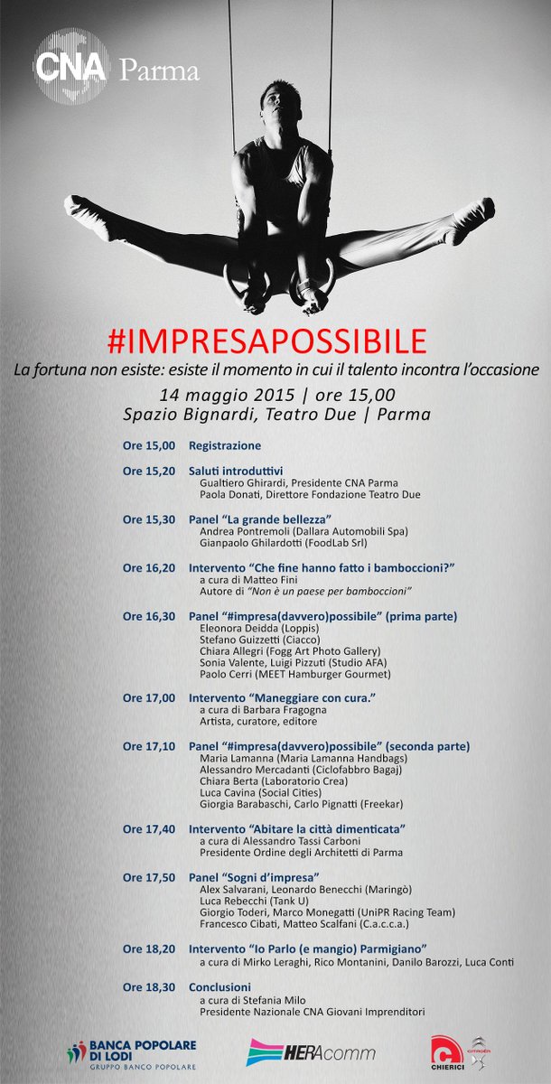 giovedì Teatro Due di <a href="/cnaparma/">CNA Parma</a> con <a href="/andreamareschi/">Andrea Mareschi</a> conduciamo #impresapossibile, divertimento garantito ;) <a href="/CNANEXT/">CNA NEXT</a>
