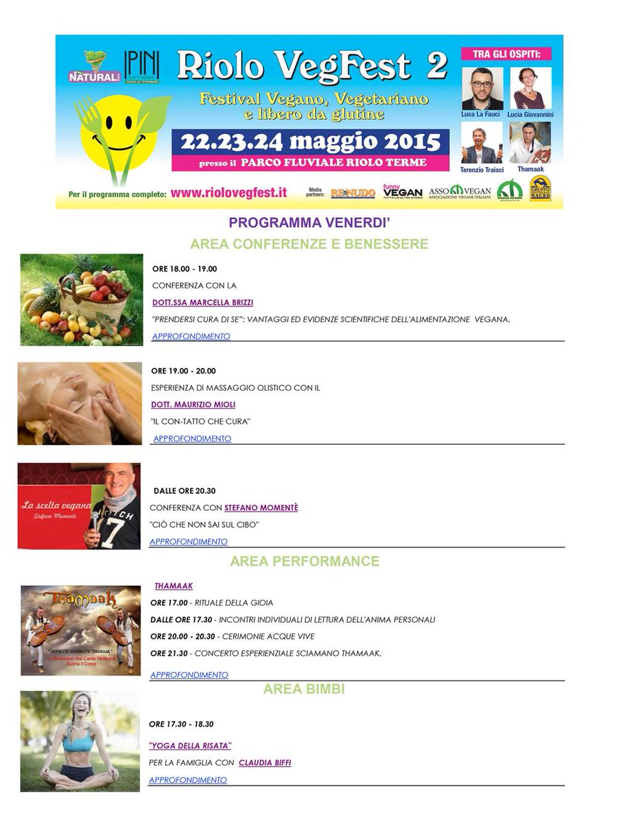 Il ricco programma di Venerdì 22 Maggio presso il Riolo Vegfest