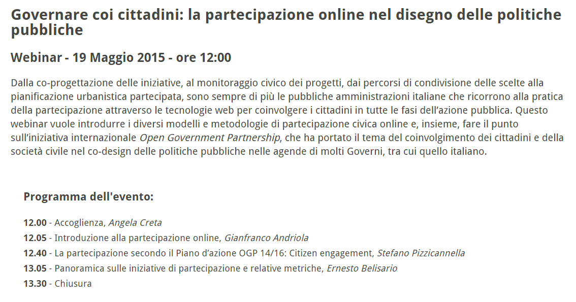 GAffinito's tweet photo. #Webinar "Governare coi cittadini" (19/05, ore 12), iscrizioni aperte http://t.co/8BCcQuhMCF #OpenGov #ePartecipation http://t.co/CiN8HFwJ7J